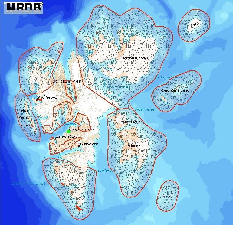 Side 80 Figur 11-3 Verneområder på Svalbard hentet fra Miljøressursdatabasen (MRDB ). Recherchefjorden er angitt med pil. 11.2.