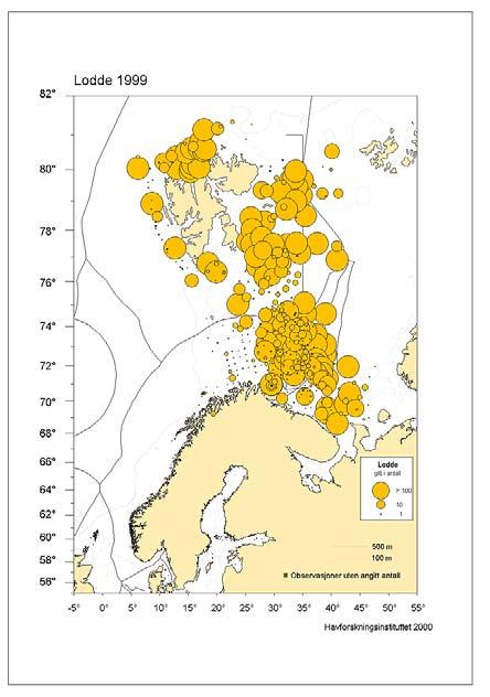 venstre) og lodde (nederst) angitt i antall fanget med