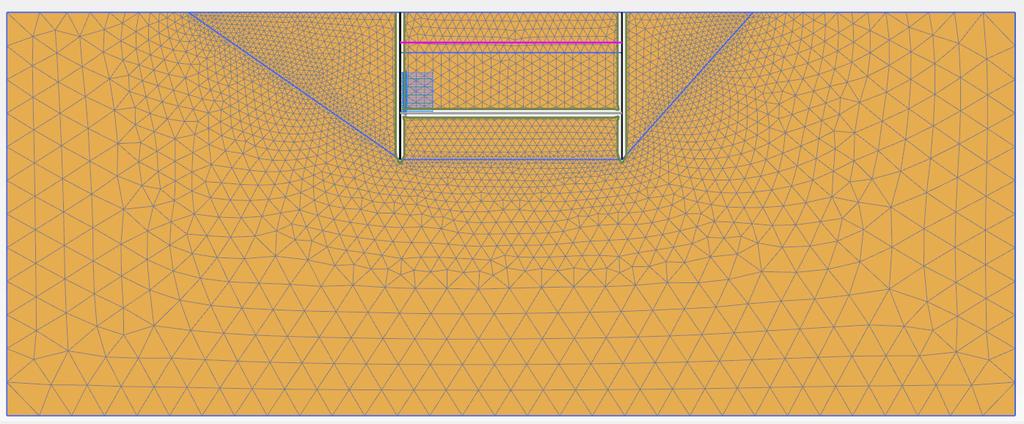 4 Modell og materialparametere Figur 34 Mesh i Plaxis 2D 4.2.3 Materialparametere for konstruksjonselementer Parameterne for konstruksjonselementene angitt i Plaxis er gjengitt i Tabell 14 og Tabell 15.