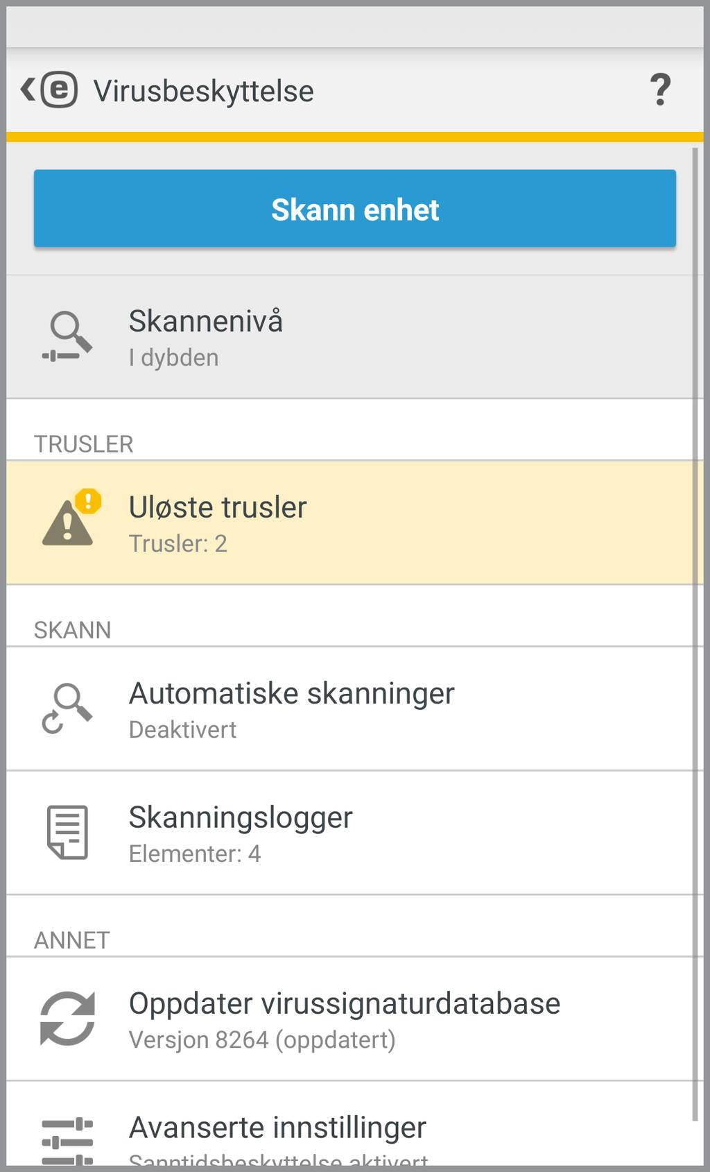 5. Virusbeskyttelse Virusbeskyttelsesmodulen verner enheten din mot skadelig kode ved å blokkere innkommende trusler og fjerne dem.