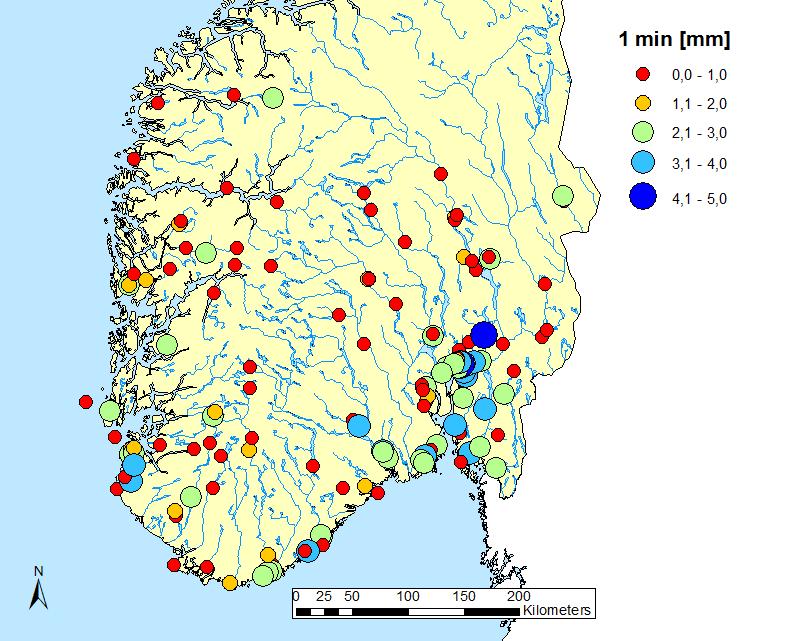 Høyeste målte nedbørintensiteter Varighet 1 min