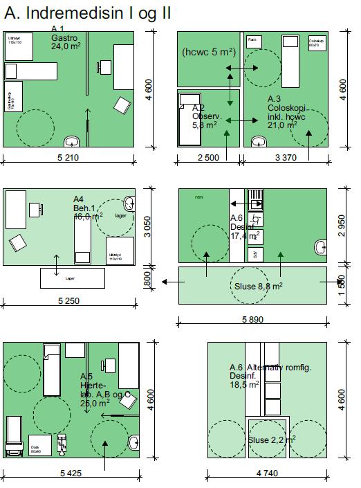 Skisser utarbeidet av Borealis Arkitekter. En spesialtilpasning som skissert gir liten grad av fleksibilitet og mulighet for å utvide og endre aktiviteten på poliklinikken.