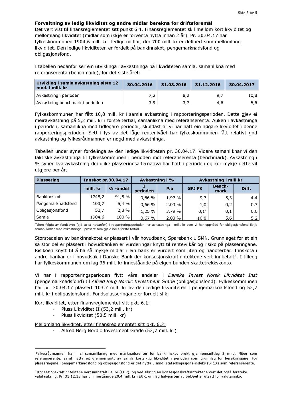 Side 3 av 5 Forvaltning av ledig likviditet og andre midlar berekna for dri ftsføremål Det vert vist til finansreglementet sitt punkt 6.4.