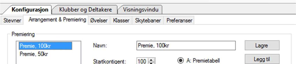 1:4 Opprette premiering Det neste som må gjøres er å legge til en premiering under Konfigurasjon -> Arrangement & Premiering. Her har vi lagt til en premiering som vi kalte Premie, 100kr.