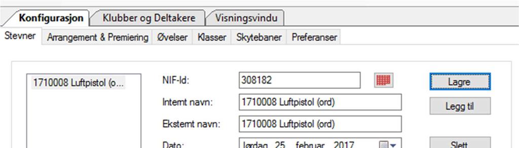 1:5 Opprette stevne Deretter må det opprettes et stevne. Fyll inn NIF-Id og gi stevnet et navn. Internt og eksternt navn kan gjerne være navnet slik det vises i terminlistene.