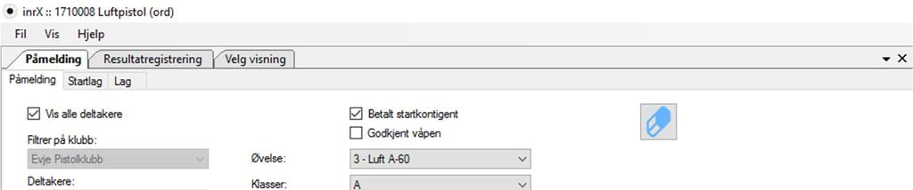 1:7 Registrere skyttere Du kan nå melde deltakere på startlagene du opprettet. Velg fanen Påmelding -> påmelding.