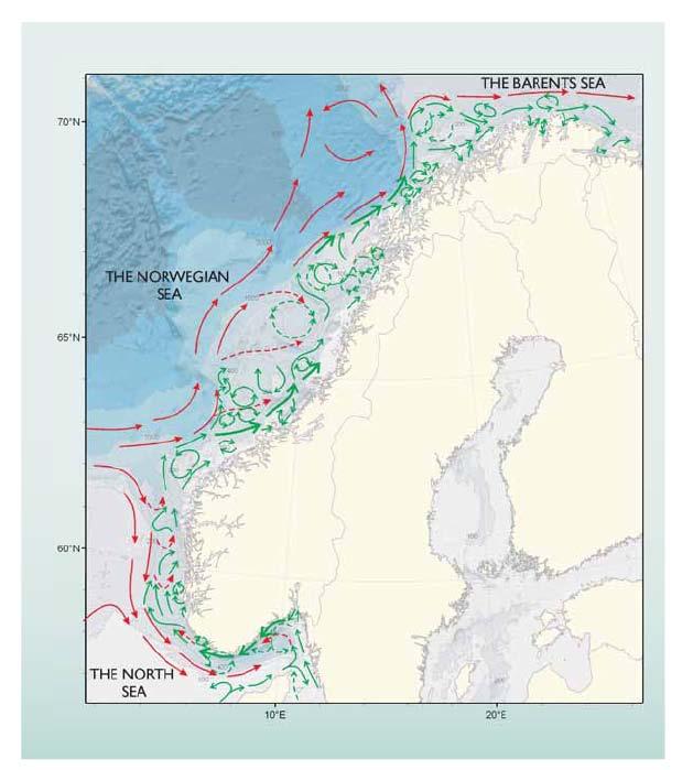 Kyststrømmen (grønne piler) går som en elv langs kysten Kystens