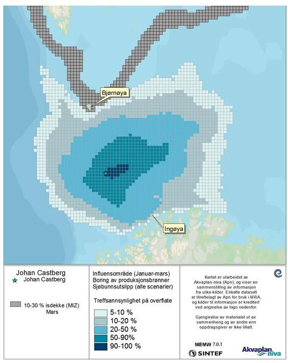 3.2 Oljedriftssimuleringer fra MRA 2017 Figur 3-1 Treffsannsynlighet av mer enn 1 tonn olje på overflaten i en 10x10 km rute beregnet fra alle simuleringene av en