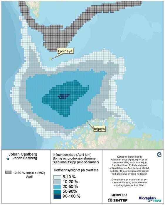 Figur 3-2 Treffsannsynlighet av mer enn 1 tonn olje på overflaten i en 10x10 km rute beregnet fra alle simuleringene av en sjøbunnsutblåsning