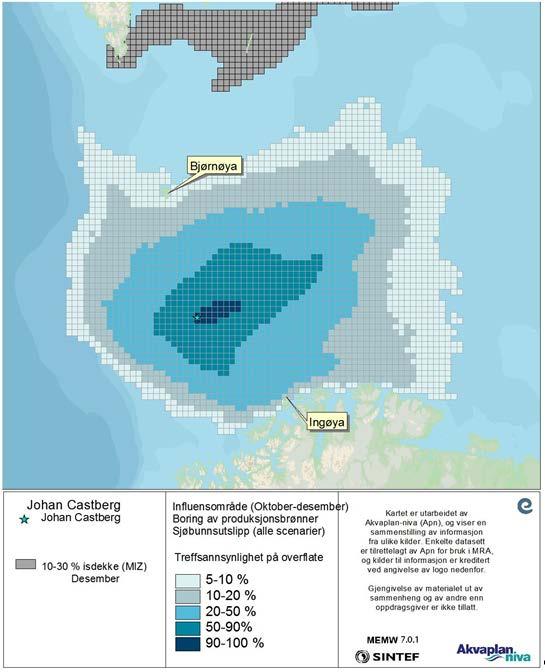 Figur 3-4 Treffsannsynlighet av mer enn 1 tonn olje på overflaten i en 10x10 km rute beregnet fra alle simuleringene av en sjøbunnsutblåsning under