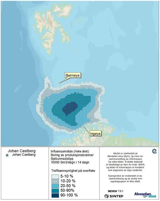 Figur 3-5 Treffsannsynlighet av mer enn 1 tonn olje på overflaten i en 10x10 km rute beregnet fra alle simuleringene av en sjøbunnsutblåsning med