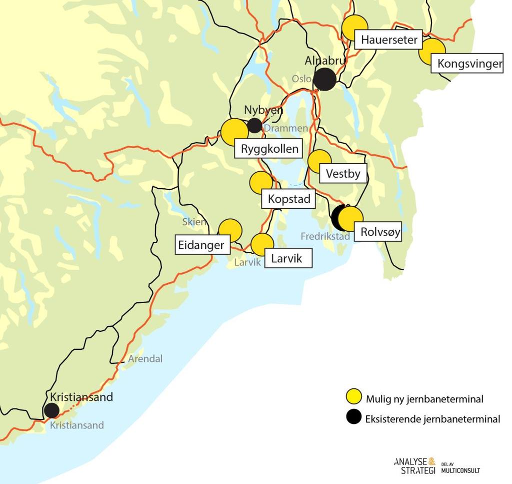 Aktuelle terminaler i KVUen Terminal Eidanger Larvik Kopstad Kommentar Kombi- og vognlast Kombilast Kombi- og vognlast Hauerseter Granli (Kongsvinger) Vestby Rolvsøy 2