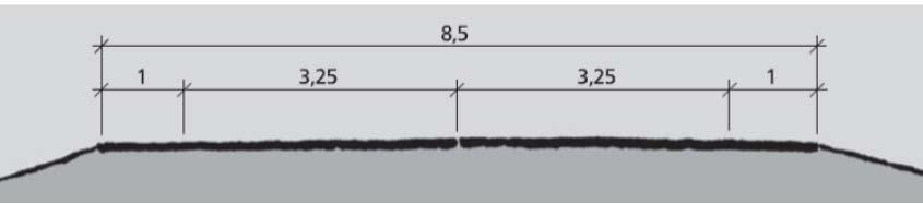 4 Utforming Figur 4 2: Tverrprofil H3, tofeltsløsning med bredde 8,5 m fra håndbok N100 [1] Dimensjoner på konstruksjonene bestemmes i hvert enkelt tilfelle ut fra vegens funksjonskrav. 4.2.2 Friåpning under bruer Minste frihøyde for veg under overgangsbru skal være 4,90 m, se håndbok N100 pkt.