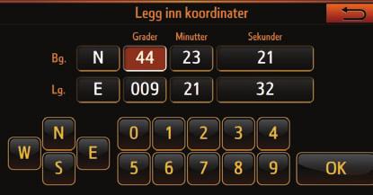 2.2.3 Andre Kjør til-alternativer KOORDINATER Angi en destinasjon med lengdegrad og breddegrad: 1. Trykk på Koordinater -knappen i Kjør til-menyen. 2.