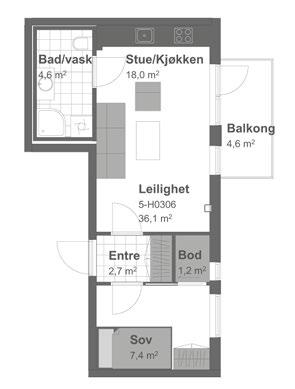 ØSTVEDT 2-ROMS LEILIGHET Speilvendt versjon av C9-A, men med de samme praktiske løsningene.