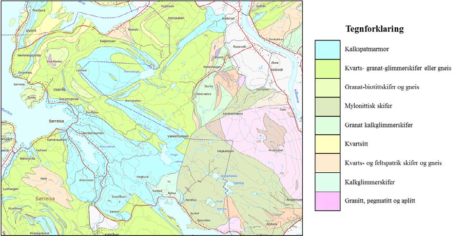 Den næringsrike kalkspatmarmoren forekommer vanlig i den sørvestlige delen av kartleggingsområdet.