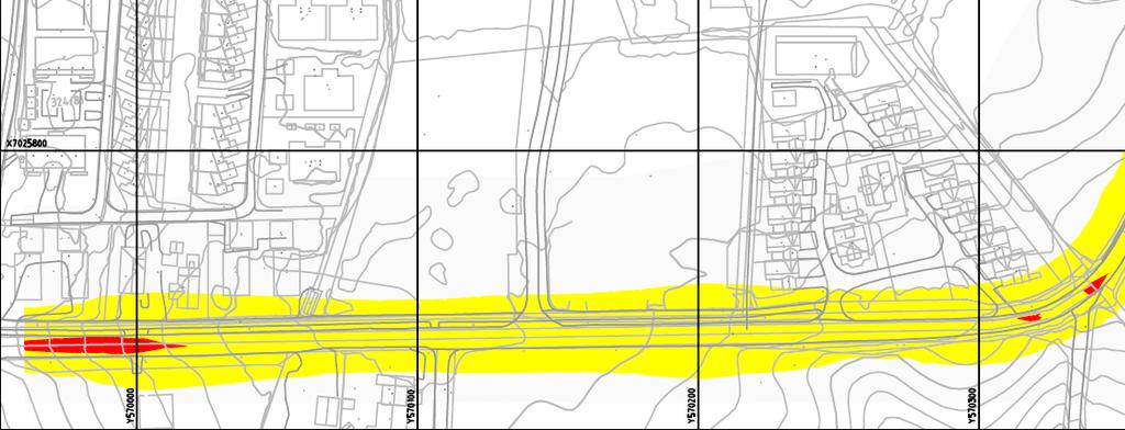 13 Sør for Sjetnan B7 og B8 ligger to boliger i grensen mellom gul støysone og det skal i utgangspunktet beregnes støyverdier ved fasade.