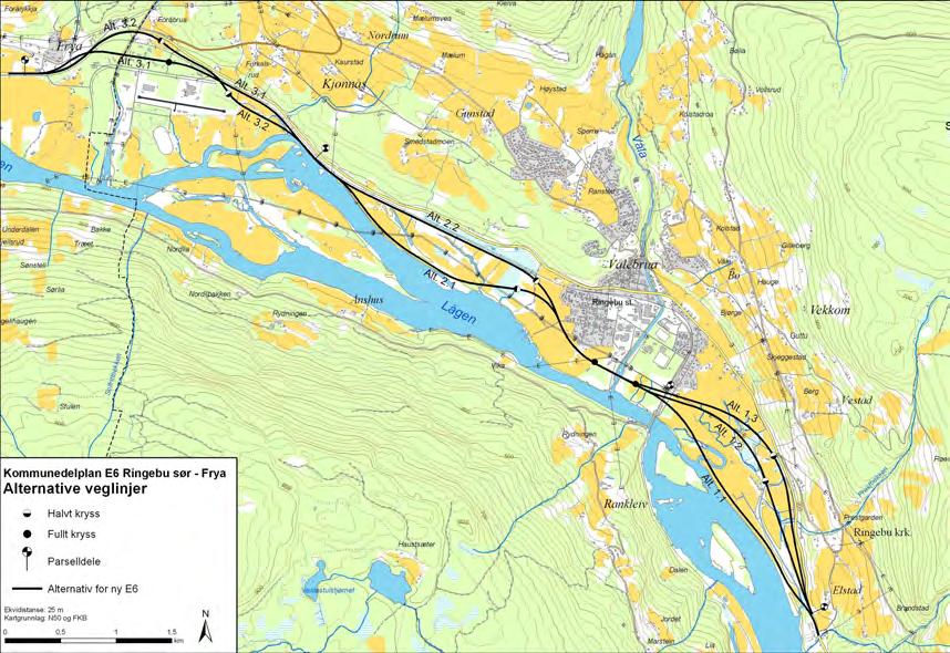2 Utbyggingsplaner Utredningen baserer seg på veglinje som er godkjent i Statens vegvesens hovedplan fra 1992, der E6 forutsettes lagt langs Lågen vest for Ringebu sentrum (Vålebru). Figur 2.