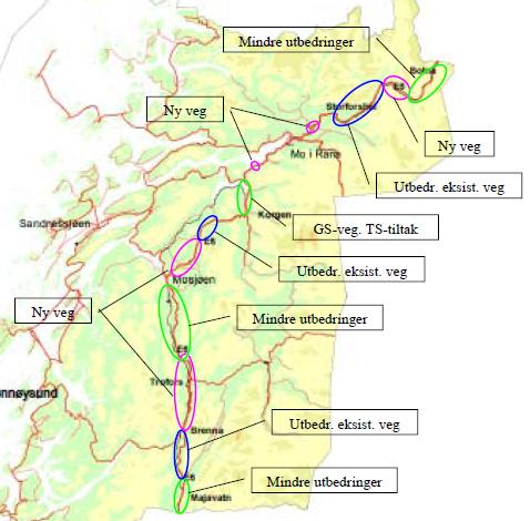 E6 Helgeland Pakke på ca 4,0 milliarder kr (2010) 60 km tilfredsstillende standard 120 km utbedring etter omforent