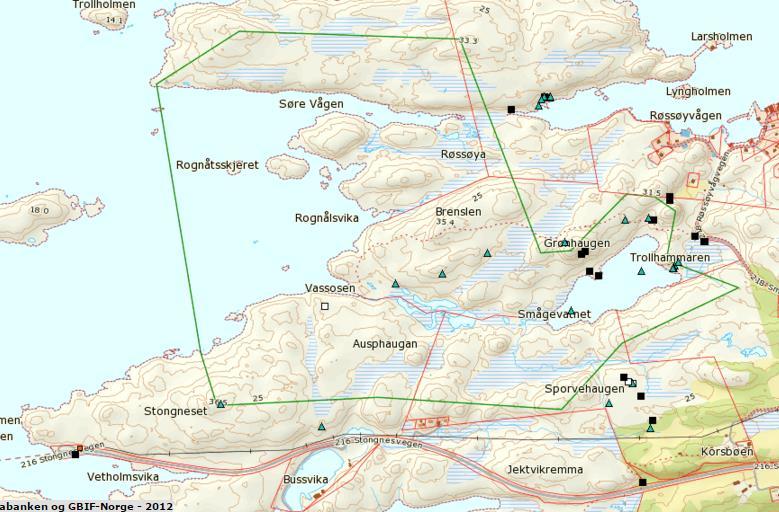 Vedlegg: Artsobservasjonar Småge 215 Frå Artskart 25.11.215, observasjonar gjort i 215 avmerka med punkt: Funn gjort i 215 i Smågeoådet, liste frå Artskart 25.11.215 (I tillegg til våre eigne funn er det også ein observasjon på kvinand og ein på kysthumle, gjort av andre): Status Vit.