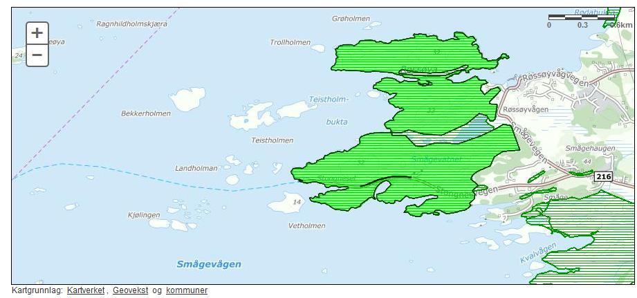 Kart kystlyngheilokalitet Stongneset-Røssøya (frå Naturbase) på 1757 da Skjøtselen er styrt etter retningsliner frå Fylkesmannen i Møre og Romsdal med utgangspunkt i skjøtselsplanen, for å ta vare på