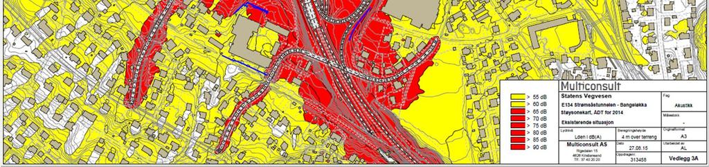 Figur 6-2: Støysonekart Bangeløkka, dagens situasjon (trafikktall for 2014): Beregningshøyde 4 m over terreng.