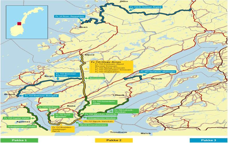 4 Pakke 3 blå farge Fått klarsignal til å starte planlegging Strekningen Krinsvatn-Botngård-Brekstad prioritert først, forprosjekt igangsatt Øvrige strekninger i pakke 3 befart i forrige uke: