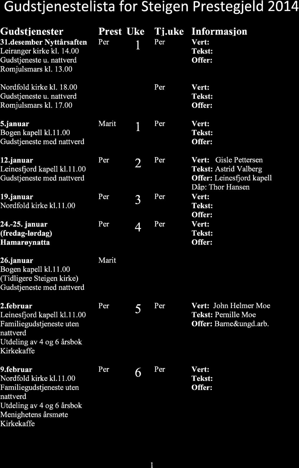 Femte utgøve Gudstjenestelista for Steigen Prestegjeld 2014 Gudstienester Prest Uke Tj.uke Informasion 3l.desember Nyttårsaften Leiranger kirke kl. 14.00 Gudstjeneste u. Romjulsmars kl. 13.