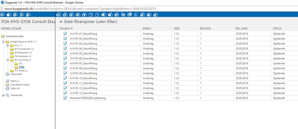 Byggeweb ble satt opp av Preben og vi kom tidlig i gang med bruk av dette. På dag to i perioden var det i gang og filer kunne deles. Før byggeweb var oppe å gikk ble dropbox brukt.