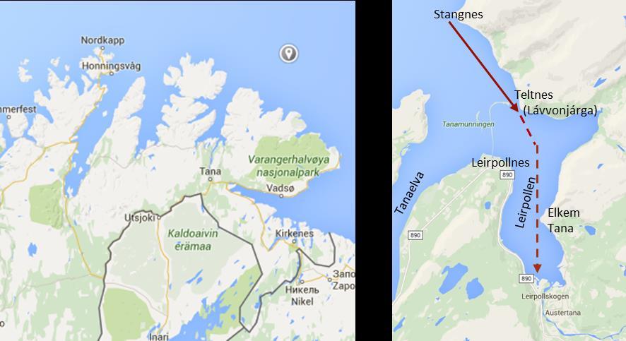 Figur 2 - Google maps utsnitt av tiltaksområdet der farleden inn til Leirpollen er omtrentlig skissert.