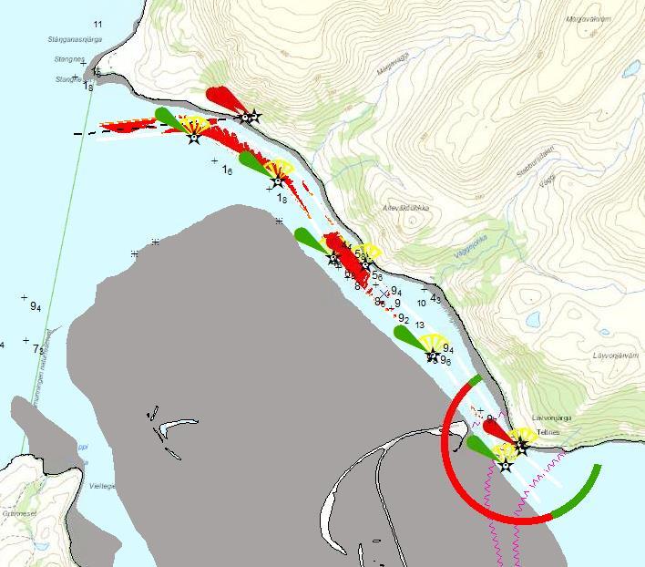 Figuren under viser siste tiltaksplan som er bekreftet gjennom simulatorseilas juni 2016, der de røde feltene indikerer områdene som skal utdypes.