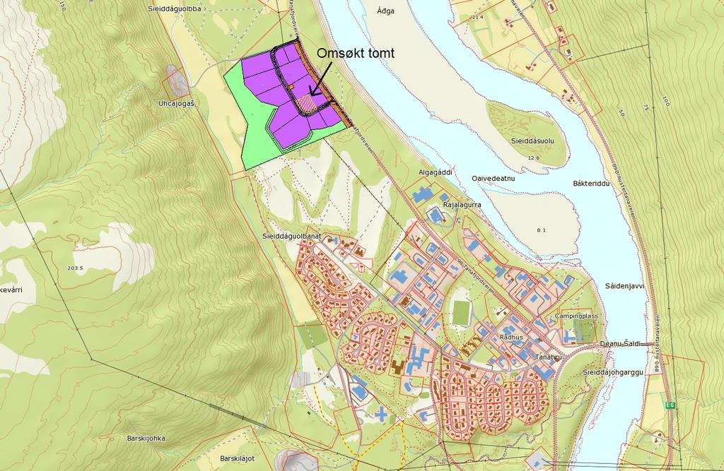 Kartskisse 1: Omsøkt tomt i Heargeguolbba industriområde vist på grunnkart med bebyggelsen ved Tanabru.