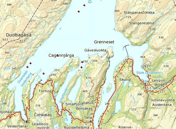 22 Figur 9. Kart over observasjoner av kongekrabbe (røde punkt) sør i Tanafjorden (Artsdatabanken.no). 4.3.