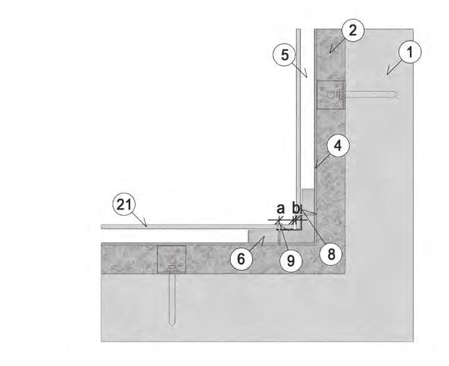 25 mm 3 b 3 Fugebredde 6 mm Horisontal snitt innvendig hjørne 3 1 3 Bærende vegg 3 2 3 Isolasjon 3 4 3 Vindstopper 3 5 3 Luftespalte min 23 mm  25 mm