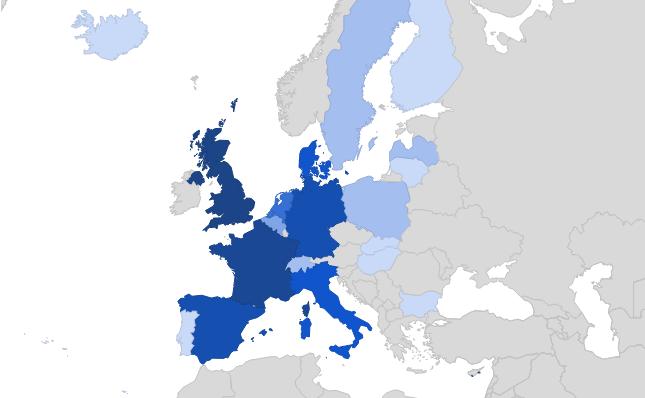 I den grafiske framsyninga over kan ein derfor sjå at dei mest populære landa er Storbritannia og Frankrike, med Tyskland, Spania, Danmark, og Italia like bak.