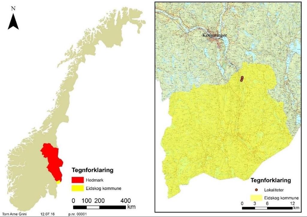 2 Materiale og metode 2.1 Studieområde De tre antatte ynglelokalitetene jeg undersøkte befinner innenfor 1 kilometers avstand fra gårdsbruket Åklangenga i Eidskog kommune sør i Hedmark (figur 2).