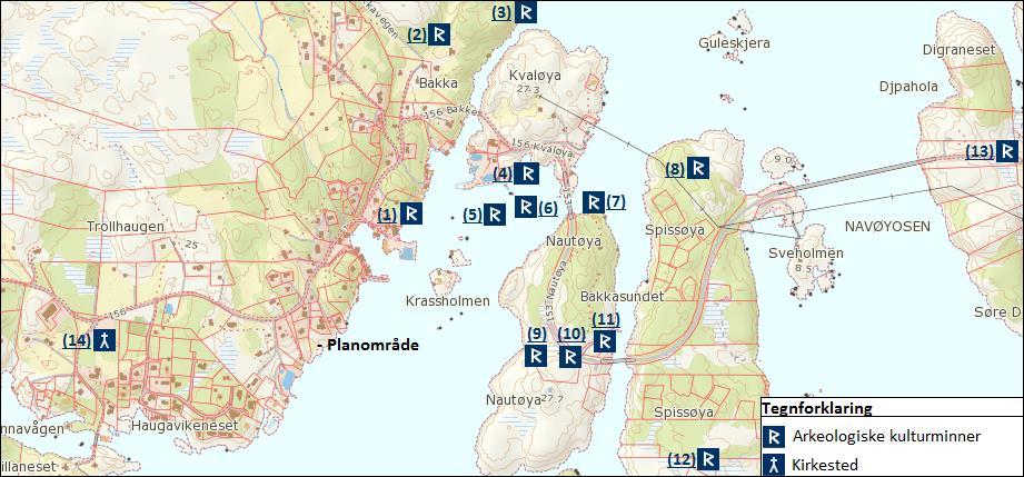 7: Bakkasund/hvneområde er et automatisk freda marint løsfunn på sjøbunnen. 8: Bakka- Lok. 1, Spissøy er et automatisk freda bosetning-aktivitetsområde. 9: Bakkasund Lok.