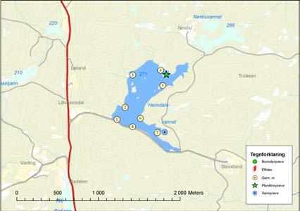 Figur 4. Kart over Heimdalsvatnet med garnplassering og prøvetaking. 2.1.