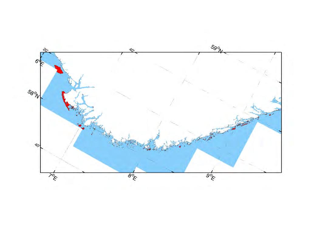 Figur 5. Røde og sorte arealer viser hvor bølgenes energi treffer grunnere sjøområder.
