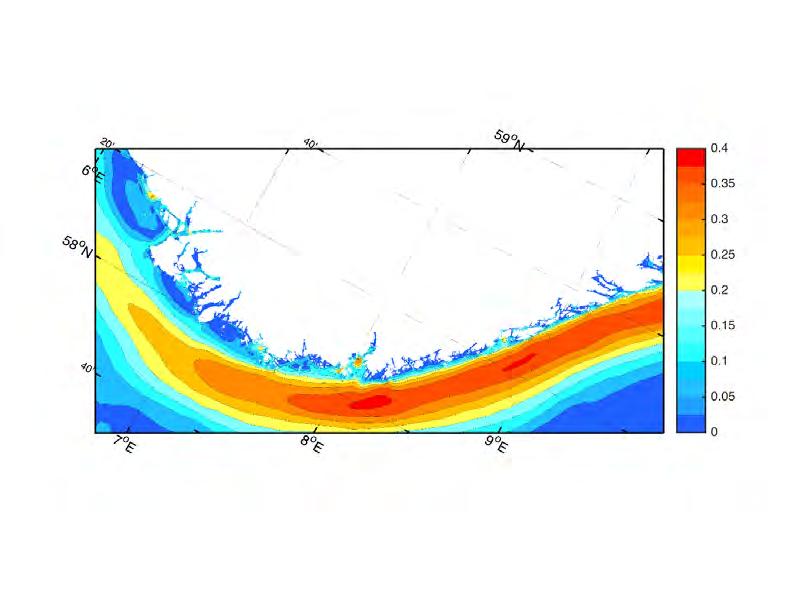 Modellert middel strøm (m/sek) i overflaten langs Agderkysten. Rød farge indikerer høy strøm, blå lav strømhastighet.