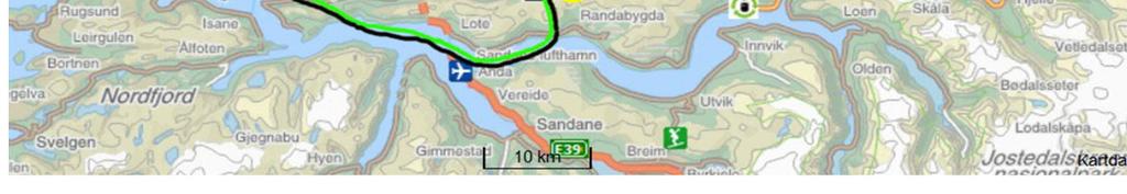 kjøreavstander fra Ørsta/Volda lufthavn med ferjefri E39 Figuren viser at både en ytre forbindelse over Hareid og via Storfjorden vil bedre tilgjengeligheten, men