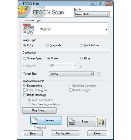Skanning Ulike skanningstyper Skanning av et magasin Plasser først magasinet og start Epson Scan. & Starte en skanning på side 43 A B C D Velg Home Mode (Hjemmemodus) fra Mode (Modus)-listen.