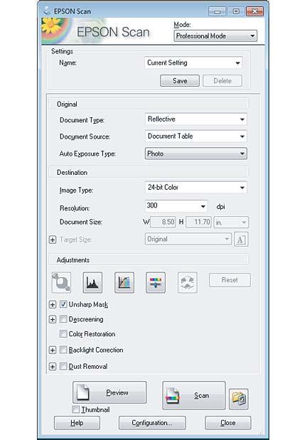 Skanning A B C Velg Professional Mode (Profesjonell modus) fra Mode (Modus)-listen. Velg innstilling for Document Source (Dokumentkilde). Klikk Preview (Forhåndsvisning).