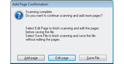 Hvis merket er fjernet for Show Add Page dialog after scanning (Vis dialogen Legg til side etter skanning), lagrer Epson Scan automatisk dokumentet uten å vise vinduet Add