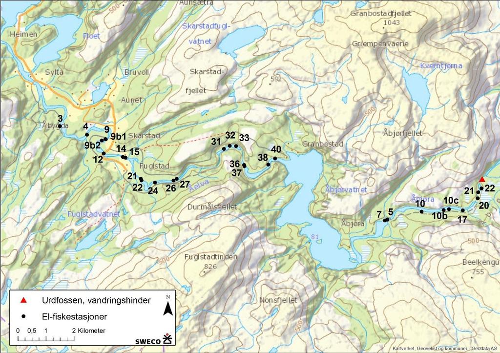 Figur 1 Oversiktskart over den anadrome delen av vassdraget med elektrofiskestasjonene avmerket. Stasjon 3 ligger nedfor Hårstadfoss. Stasjon 4 til 22 ligger mellom Hårstadfoss og Lonfossen.