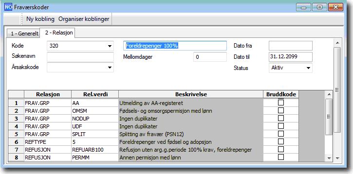Relasjon på fraværskoder for foreldrepenger Fraværskoder for foreldrepenger må kobles til to refusjonsgrupper: Navn REFUARB100 eller REFUARB80 PERMM Beskrivelse Benyttes i Beregne refusjonskrav