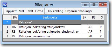 Opprett deretter bilagsartene under menypunkt Agresso Felles > Faste registre > Bilagsarter og koble de til