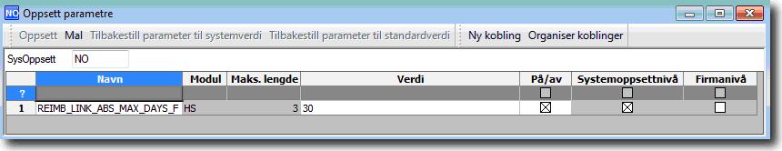 REIMB_LINK_ABS_MAX_DAYS_F Parameteren bestemmer hvor mange dager man kan jobbe i foreldrepermisjonen før det blir sett på som et nytt fravær og uthenting av ny sats.