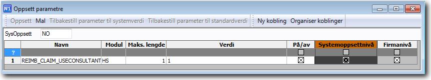 REIMB_CLAIM_USECONSULTANT For at det er saksbehandler som skal fremkomme på IO-skjema, må systemparameter REIMB_CLAIM_USECONSULTANT opprettes: Verdien må settes