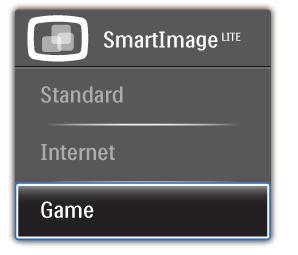 3. Produktinformasjon Du kan velge mellom tre ulike innstillinger: Standard, Internet (Internett) og Game (Spill).